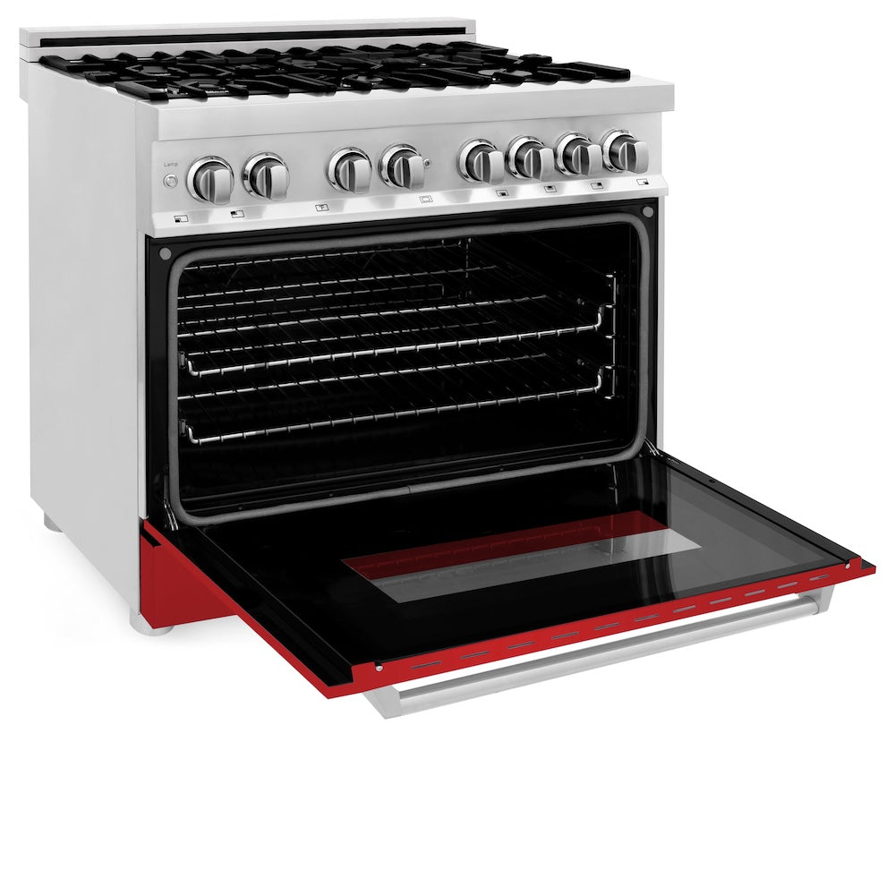 ZLINE 36 in. Kitchen Package with Stainless Steel Dual Fuel Range with Red Matte Door and Convertible Vent Range Hood (2KP-RARMRH36)