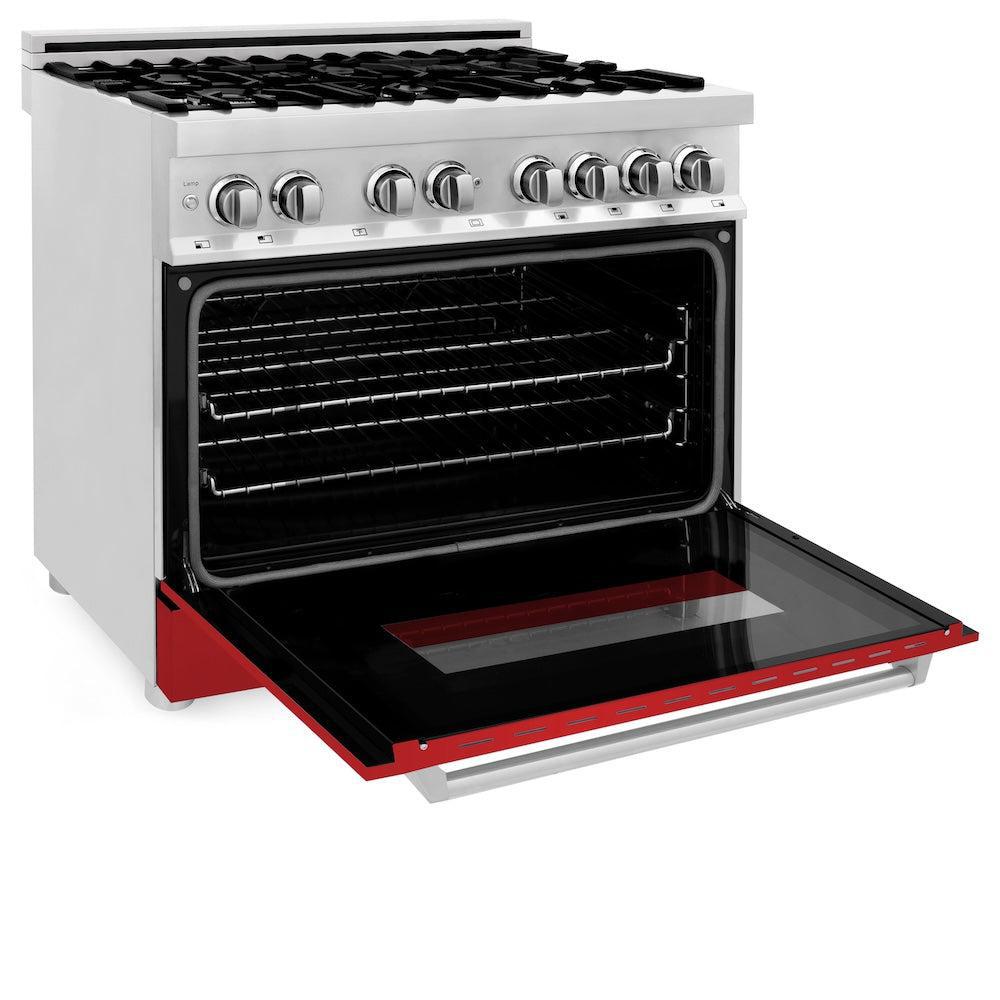 ZLINE 36 in. Kitchen Package with Stainless Steel Dual Fuel Range with Red Matte Door and Convertible Vent Range Hood (2KP-RARMRH36)