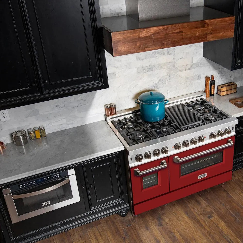 ZLINE 48 in. 6.0 cu. ft. Legacy Dual Fuel Range with 7 Burner Gas Cooktop and 2 Electric Ovens in Stainless Steel and Red Matte Doors (RA-RM-48) in a luxury kitchen.