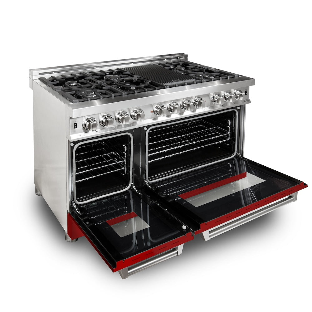 ZLINE 48 in. Kitchen Package with Stainless Steel Dual Fuel Range with Red Matte Door and Convertible Vent Range Hood (2KP-RARMRH48)