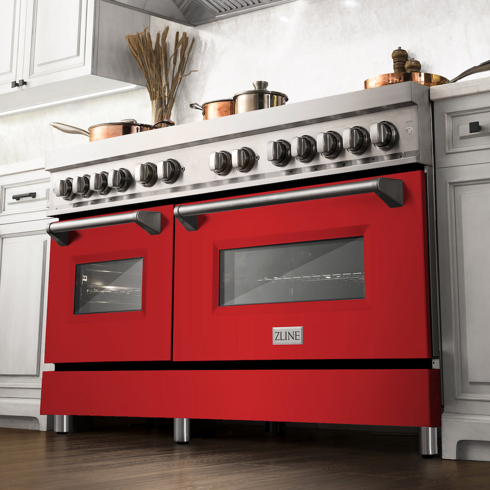 ZLINE 60 in. 7.4 cu. ft. Dual Fuel Range with Gas Stove and Electric Oven in Stainless Steel with Red Matte Doors (RA-RM-60) from below in a luxury kitchen with cookware on cooktop.