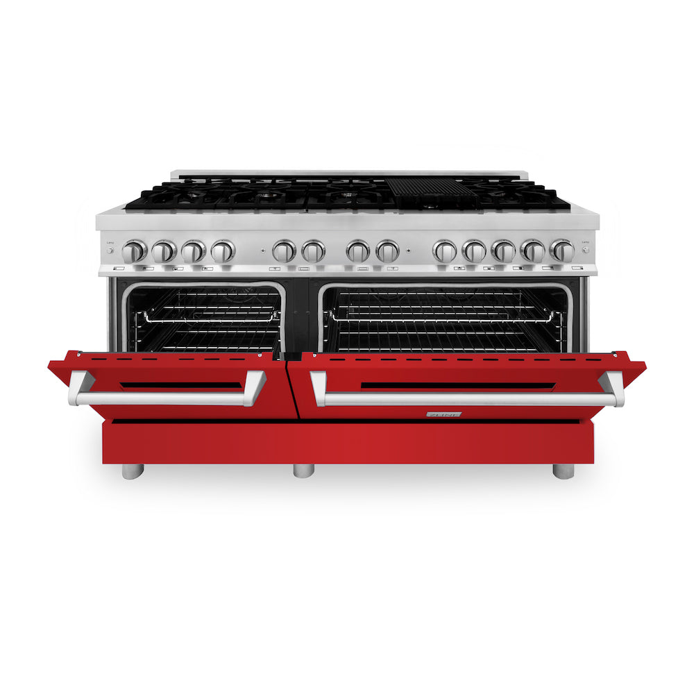ZLINE 60 in. 7.4 cu. ft. Dual Fuel Range with Gas Stove and Electric Oven in Stainless Steel with Red Matte Doors (RA-RM-60) front, oven half open.
