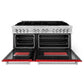 ZLINE 60 in. 7.4 cu. ft. Legacy Dual Fuel Range with 9 Burner Gas Cooktop and 2 Electric Convection Ovens in Stainless Steel and Red Matte Doors (RA-RM-60) front, oven open.