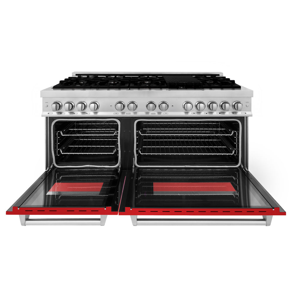 ZLINE 60 in. 7.4 cu. ft. Legacy Dual Fuel Range with 9 Burner Gas Cooktop and 2 Electric Convection Ovens in Stainless Steel and Red Matte Doors (RA-RM-60) front, oven open.