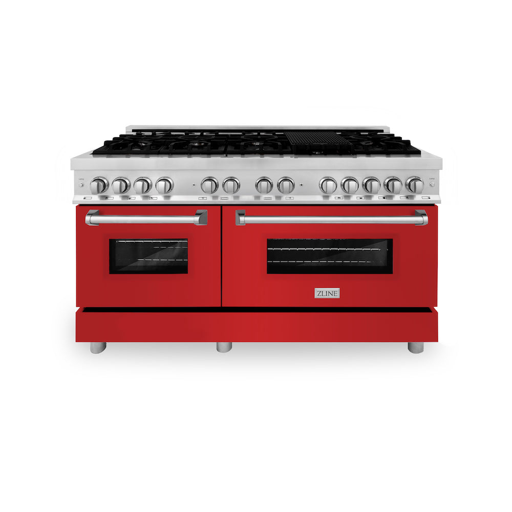 ZLINE 60 in. 7.4 cu. ft. Dual Fuel Range with Gas Stove and Electric Oven in Stainless Steel with Red Matte Doors (RA-RM-60) front, oven closed.