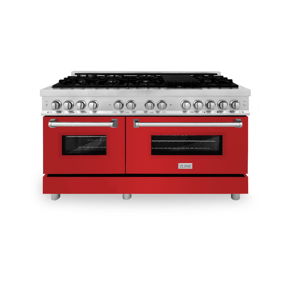 ZLINE 60 in. 7.4 cu. ft. Legacy Dual Fuel Range with 9 Burner Gas Cooktop and 2 Electric Convection Ovens in Stainless Steel and Red Matte Doors (RA-RM-60) front, oven closed.