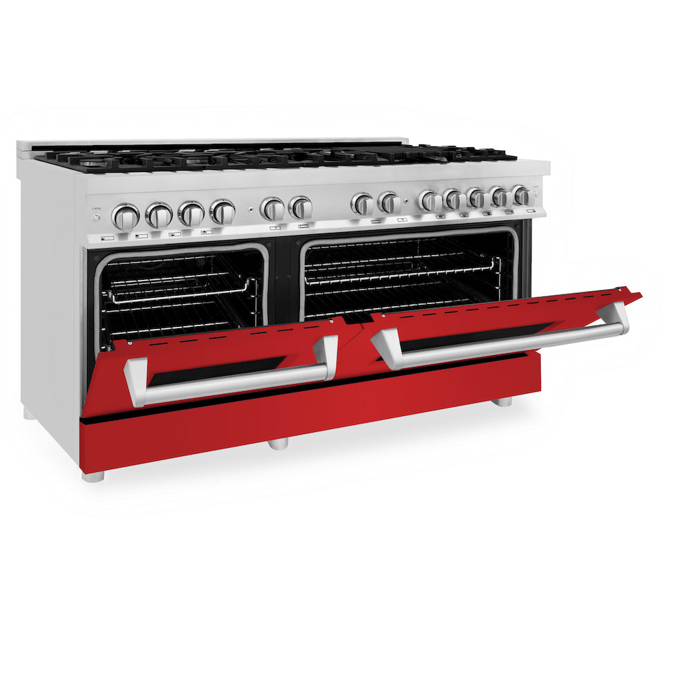 ZLINE 60 in. 7.4 cu. ft. Legacy Dual Fuel Range with 9 Burner Gas Cooktop and 2 Electric Convection Ovens in Stainless Steel and Red Matte Doors (RA-RM-60) side, oven half open.