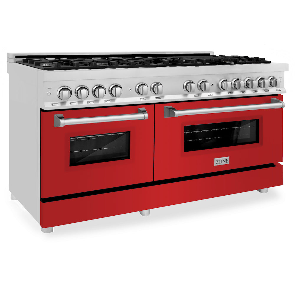 ZLINE 60 in. 7.4 cu. ft. Dual Fuel Range with Gas Stove and Electric Oven in Stainless Steel with Red Matte Doors (RA-RM-60) 