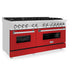 ZLINE 60 in. 7.4 cu. ft. Legacy Dual Fuel Range with 9 Burner Gas Cooktop and 2 Electric Convection Ovens in Stainless Steel and Red Matte Doors (RA-RM-60) side, oven closed.