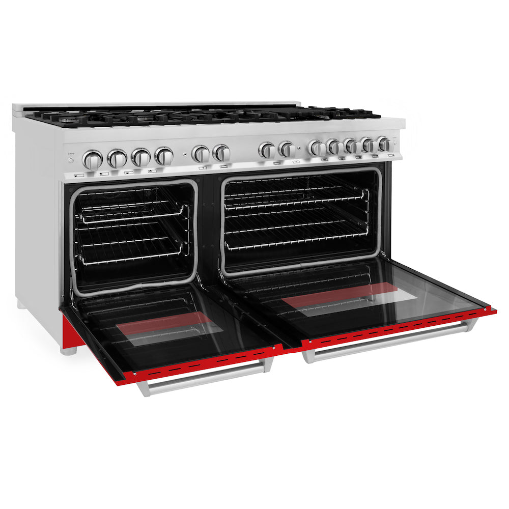 ZLINE 60 in. 7.4 cu. ft. Dual Fuel Range with Gas Stove and Electric Oven in Stainless Steel with Red Matte Doors (RA-RM-60) side, oven open.