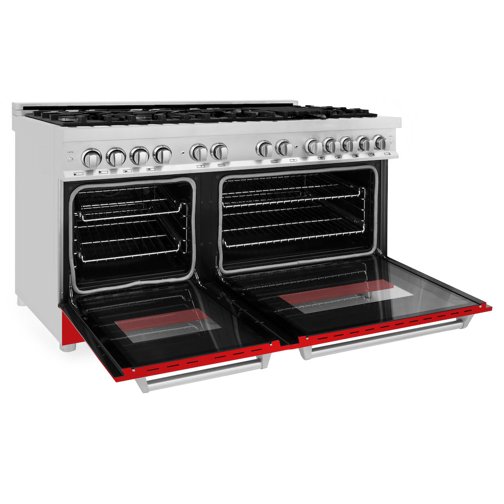 ZLINE 60 in. 7.4 cu. ft. Legacy Dual Fuel Range with 9 Burner Gas Cooktop and 2 Electric Convection Ovens in Stainless Steel and Red Matte Doors (RA-RM-60)
 side, oven open.