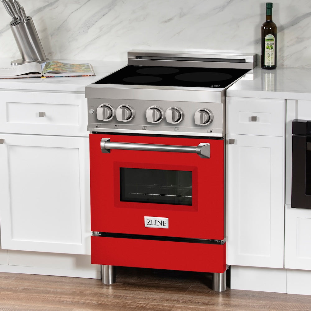 ZLINE 24 in. 2.8 cu. ft. Legacy Induction Range with 4 Element Cooktop and Electric Oven in Stainless Steel and Red Matte Door, Open Box-Good Condition