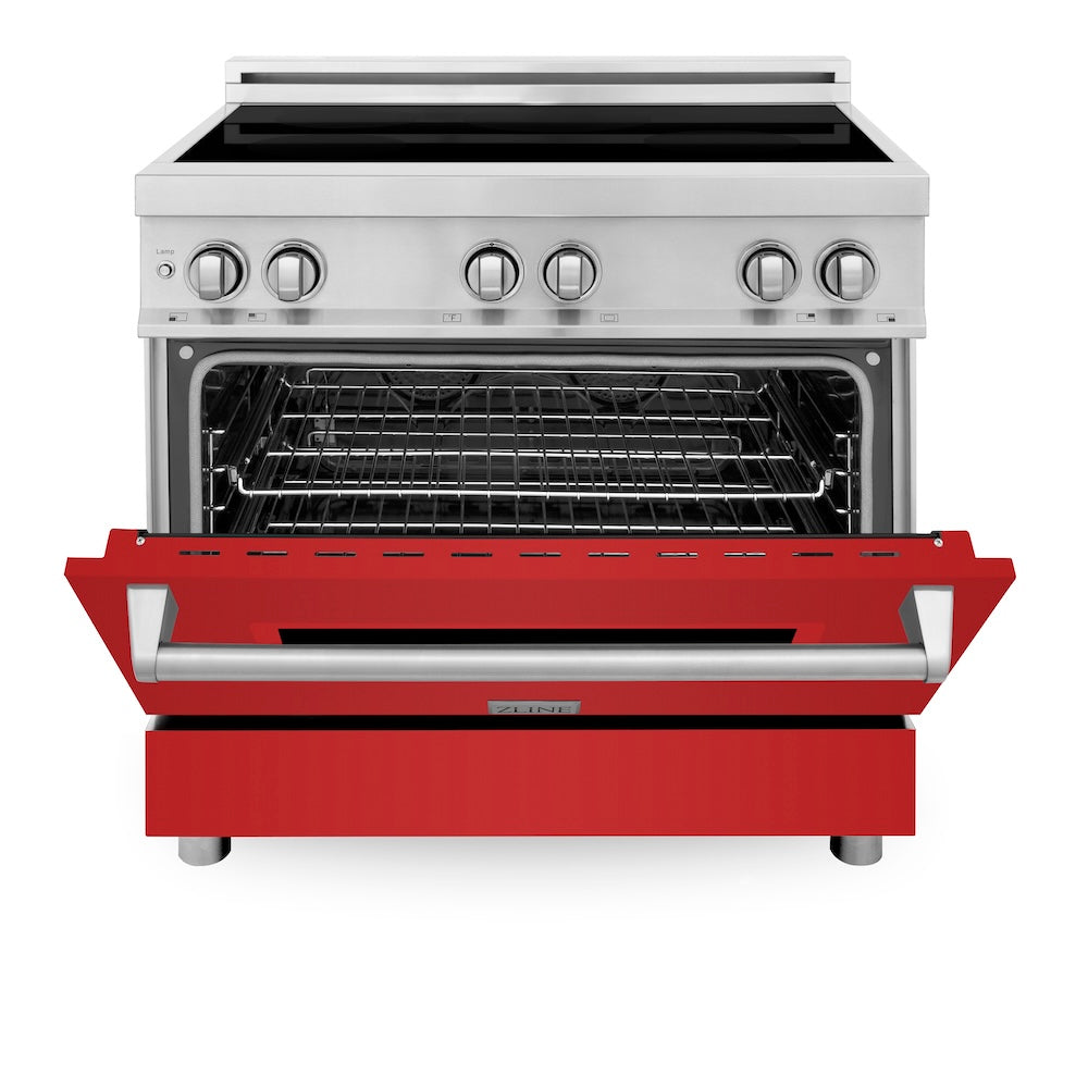 ZLINE 36 in. 4.6 cu. ft. Legacy Induction Range with 5 Element Cooktop and Electric Oven in Stainless Steel and Red Matte Door, Open Box-Good Condition
