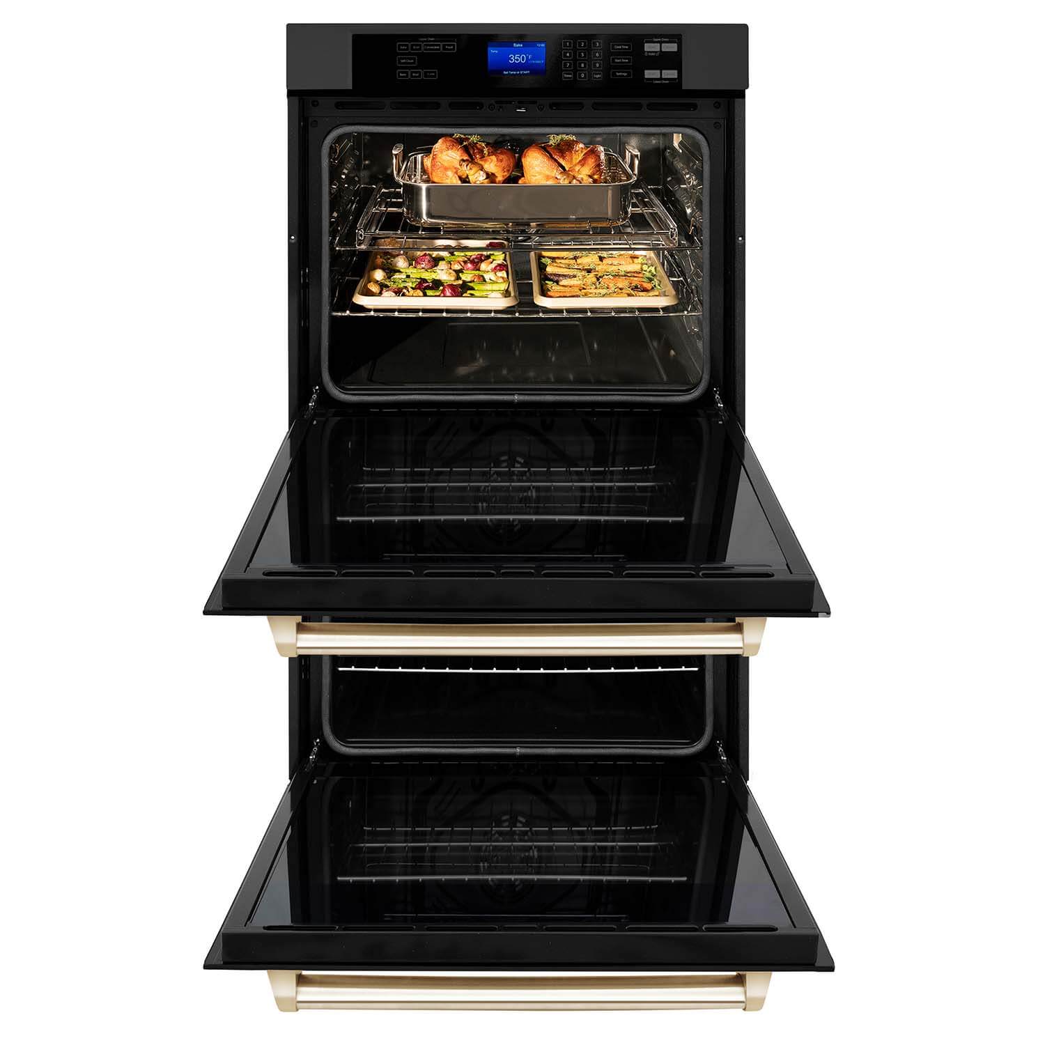 ZLINE double wall oven with doors open and food inside top oven.