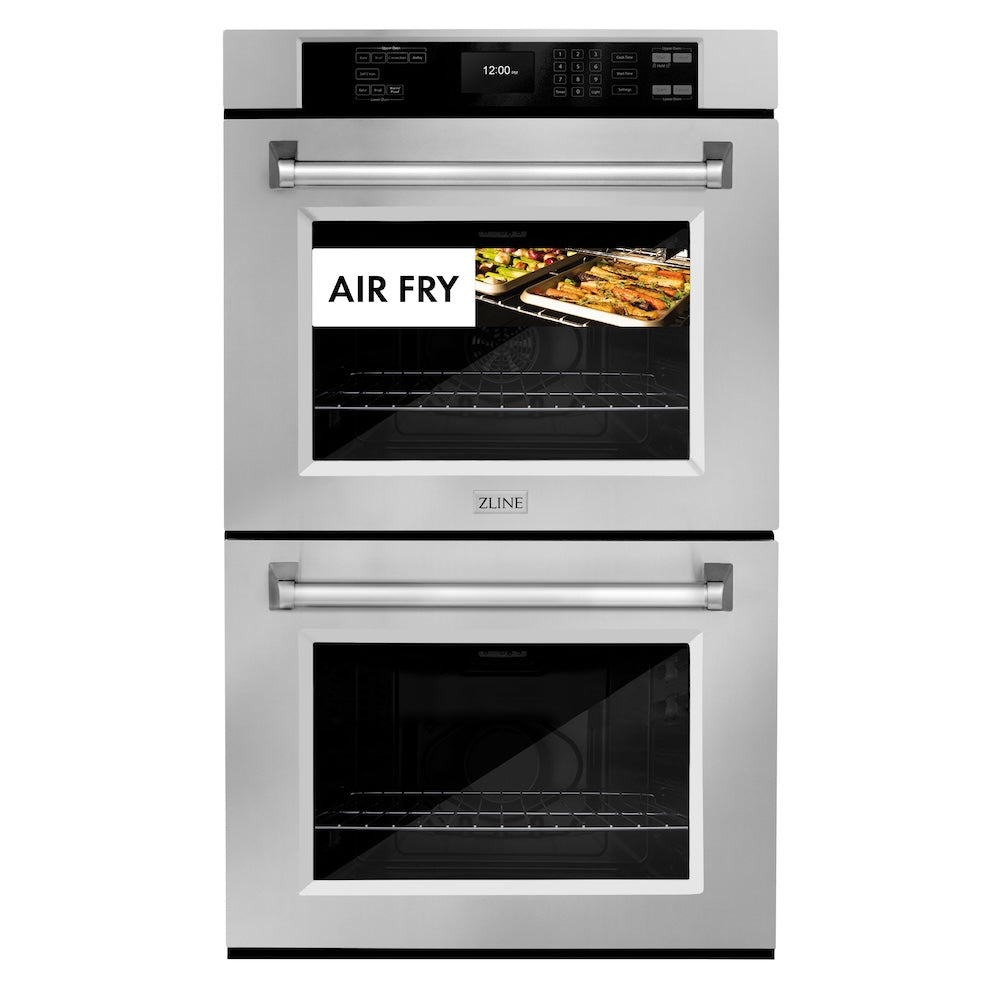 ZLINE 30 in. Professional True Convection Double Wall Oven with Air Fry and Self Clean in Stainless Steel (WAD-30) front, oven closed with food inside. Text: "Air Fry"