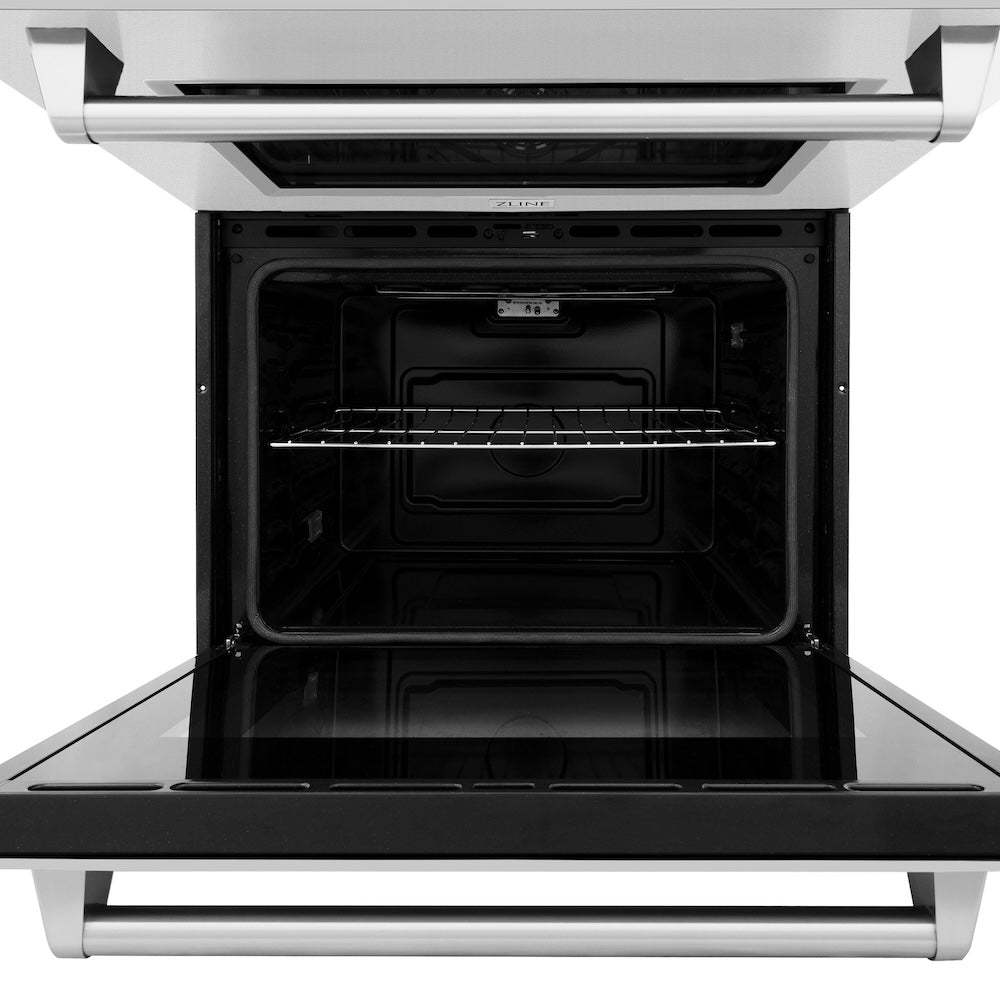 ZLINE 30 in. Professional True Convection Double Wall Oven with Air Fry and Self Clean in Stainless Steel (WAD-30) front, open.