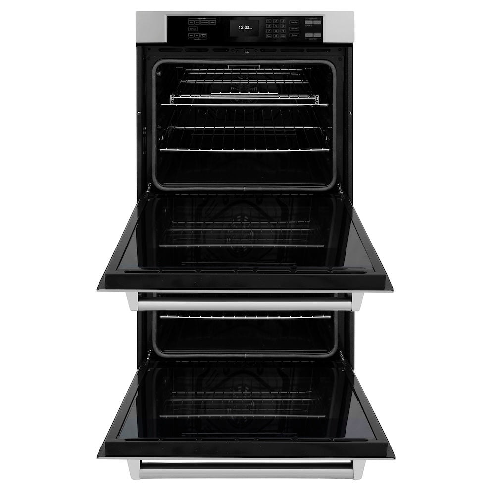 ZLINE 30 in. Professional True Convection Double Wall Oven with Air Fry and Self Clean in Stainless Steel (WAD-30) front, open.