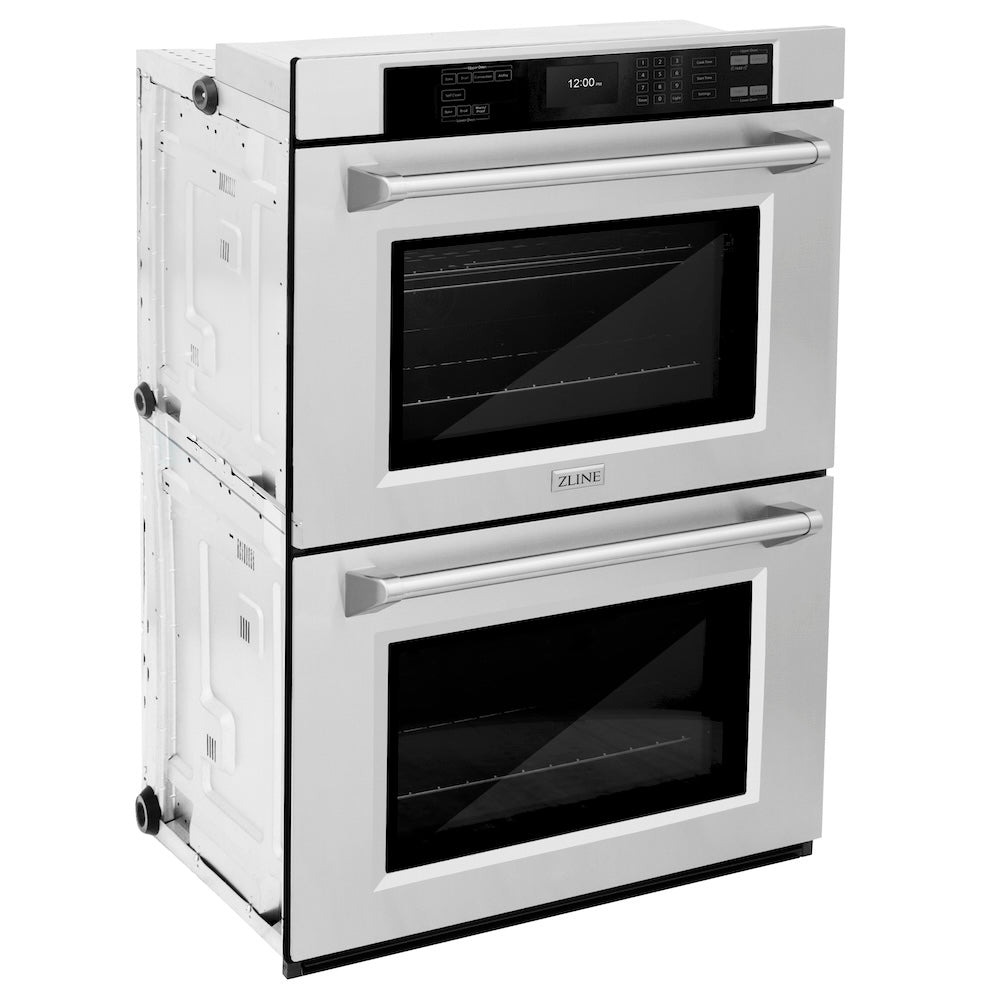 ZLINE 30 in. Professional True Convection Double Wall Oven with Air Fry and Self Clean in Stainless Steel (WAD-30) side, oven closed.