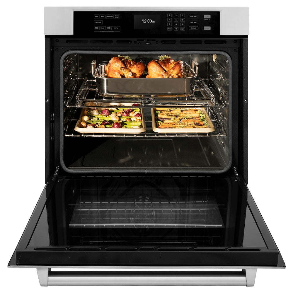 ZLINE 30 in. Professional True Convection Single Wall Oven with Air Fry and Self Clean in Stainless Steel (WAS-30) front, open, with food inside oven.