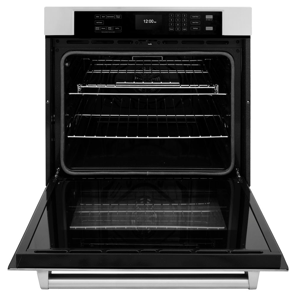 ZLINE 30 in. Professional True Convection Single Wall Oven with Air Fry and Self Clean in Stainless Steel (WAS-30) front, open.