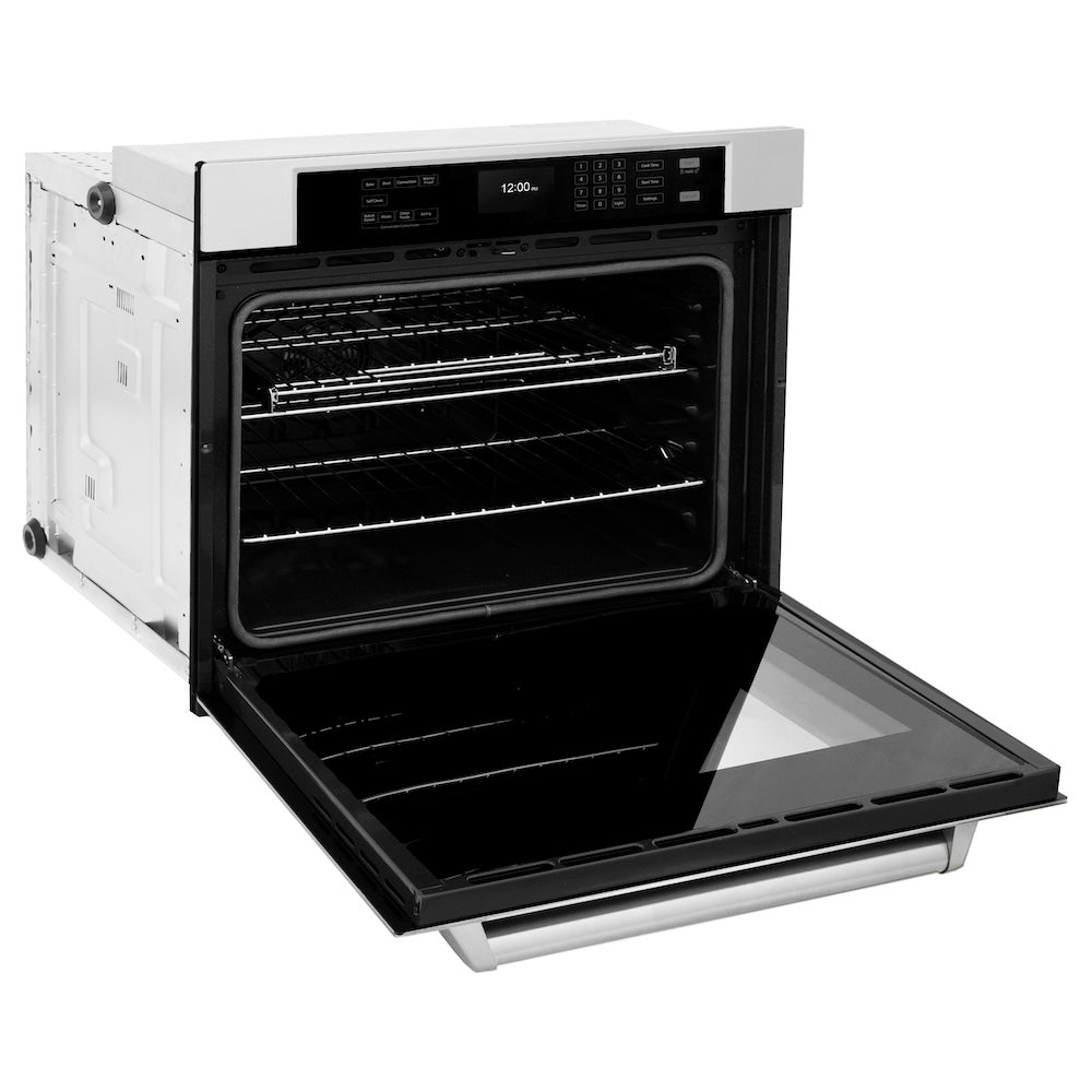 ZLINE 30 in. Professional True Convection Single Wall Oven with Air Fry and Self Clean in Stainless Steel (WAS-30) side, oven open.