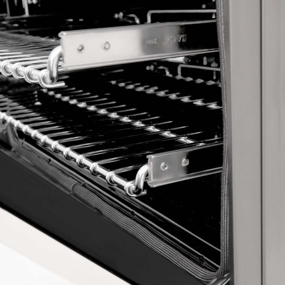 ZLINE 24 in. 2.8 cu. ft. Dual Fuel Range with Gas Stove and Electric Oven in Stainless Steel and White Matte Door (RA-WM-24) side, close-up SmoothGlide adjustable racks inside oven.