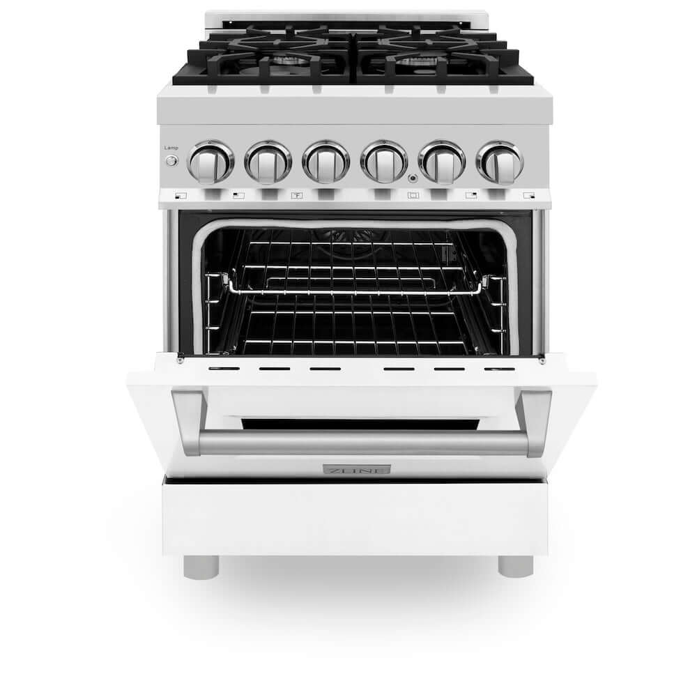 ZLINE 24 in. 2.8 cu. ft. Dual Fuel Range with Gas Stove and Electric Oven in Stainless Steel and White Matte Door (RA-WM-24) front, oven half open.