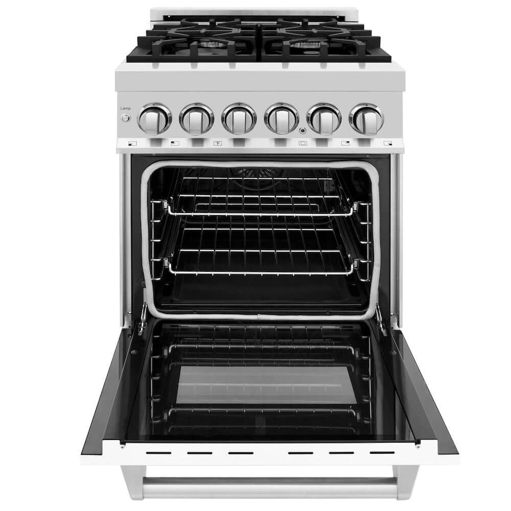 ZLINE 24 in. 2.8 cu. ft. Dual Fuel Range with Gas Stove and Electric Oven in Stainless Steel and White Matte Door (RA-WM-24) front, oven open.