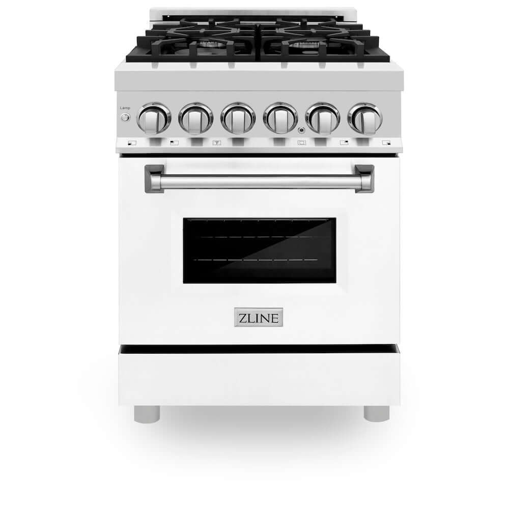 ZLINE 24 in. 2.8 cu. ft. Dual Fuel Range with Gas Stove and Electric Oven in Stainless Steel and White Matte Door (RA-WM-24) front, oven closed.