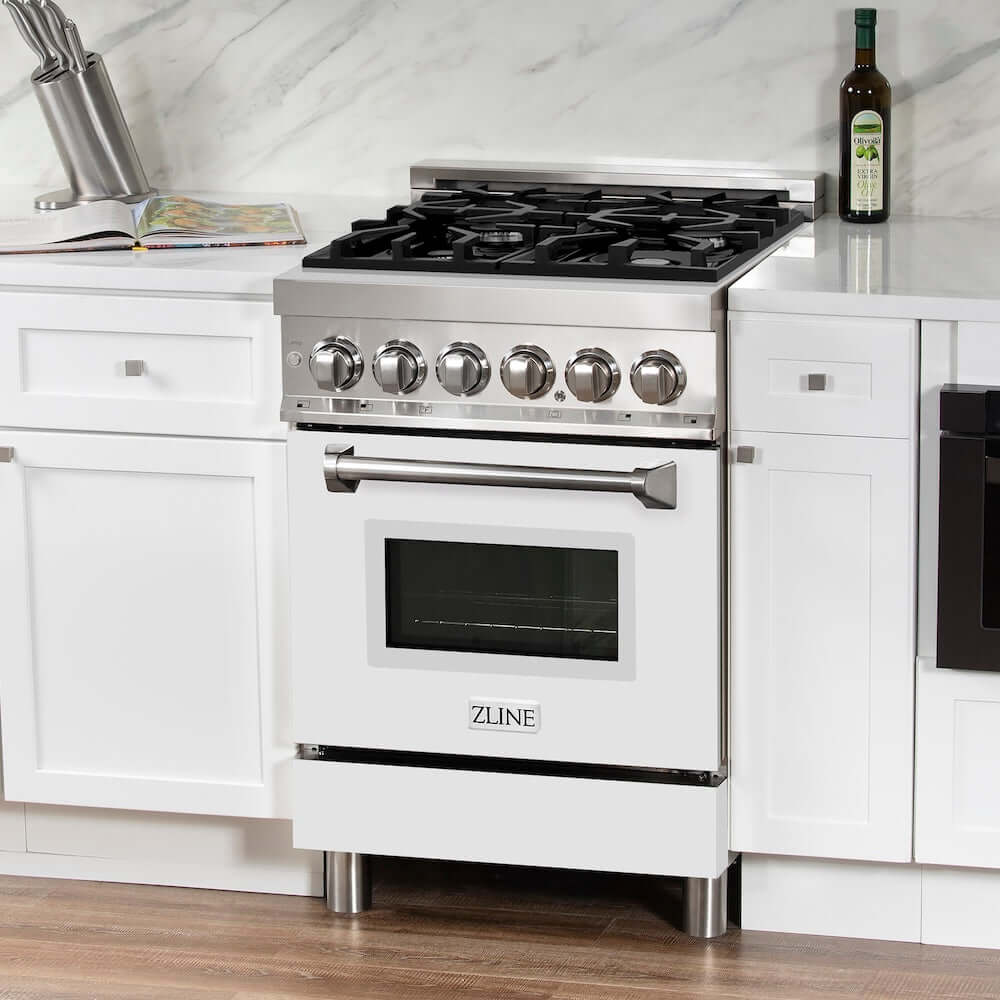 ZLINE 24 in. 2.8 cu. ft. Dual Fuel Range with Gas Stove and Electric Oven in Stainless Steel and White Matte Door (RA-WM-24) side, oven closed.