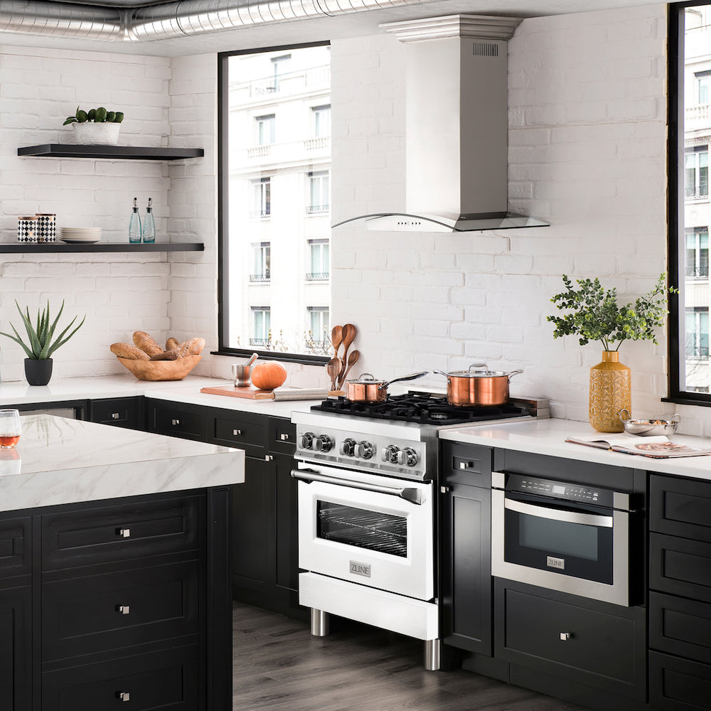 ZLINE 30 in. 4.0 cu. ft. Legacy Dual Fuel Range with 4 Burner Gas Cooktop and Electric Convection Oven in Stainless Steel and White Matte Door (RA-WM-30) in a luxury kitchen.
