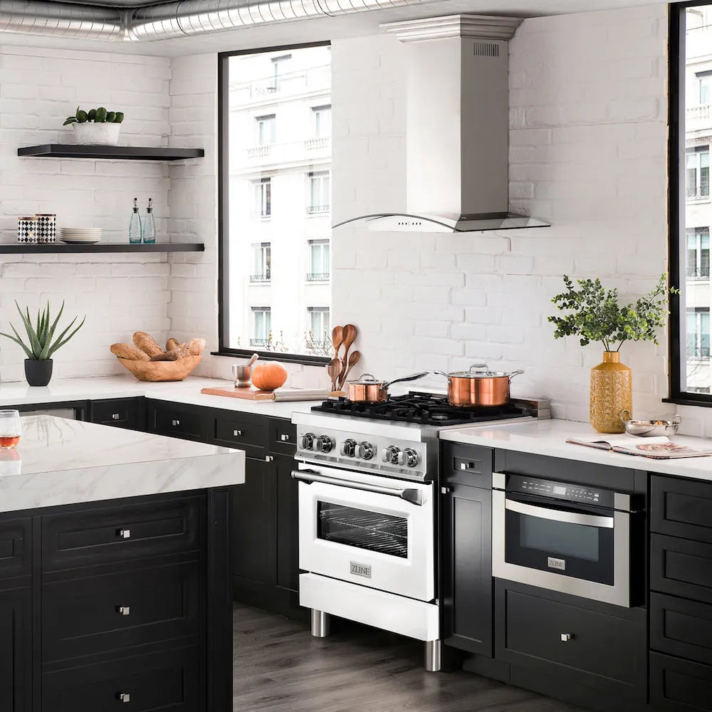 ZLINE 30 in. 4.0 cu. ft. Legacy Dual Fuel Range with 4 Burner Gas Cooktop and Electric Convection Oven in Stainless Steel and White Matte Door (RA-WM-30) in a luxury kitchen.