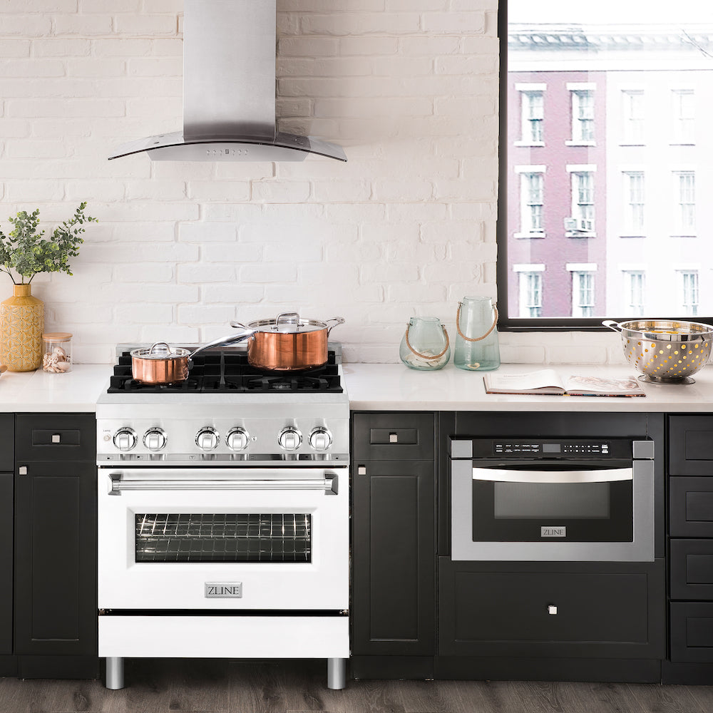 ZLINE 30 in. 4.0 cu. ft. Legacy Dual Fuel Range with 4 Burner Gas Cooktop and Electric Convection Oven in Stainless Steel and White Matte Door (RA-WM-30) in a luxury kitchen.