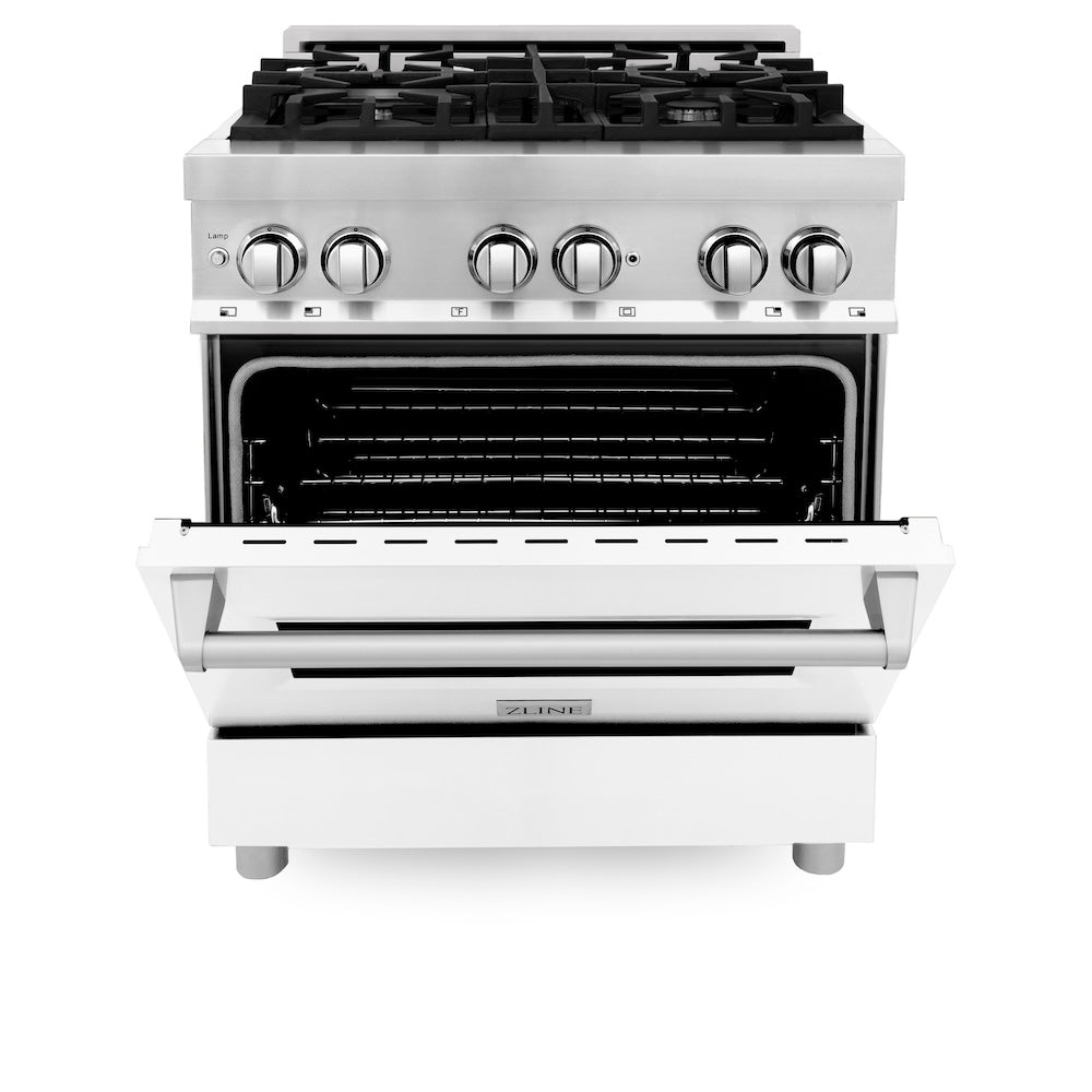 ZLINE 30 in. Kitchen Package with Stainless Steel Dual Fuel Range with White Matte Door and Convertible Vent Range Hood (2KP-RAWMRH30)