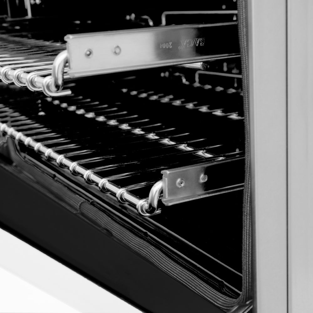 ZLINE 30 in. 4.0 cu. ft. Legacy Dual Fuel Range with 4 Burner Gas Cooktop and Electric Convection Oven in Stainless Steel and White Matte Door (RA-WM-30) oven door open close-up.