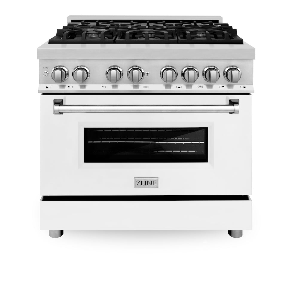 ZLINE 36 in. Dual Fuel Range with Gas Stove and Electric Oven in Stainless Steel with White Matte Door (RA-WM-36) front, oven closed.