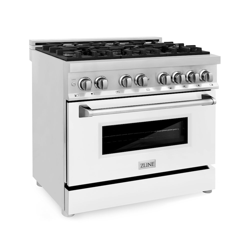 ZLINE 36 in. Kitchen Package with Stainless Steel Dual Fuel Range with White Matte Door and Convertible Vent Range Hood (2KP-RAWMRH36)