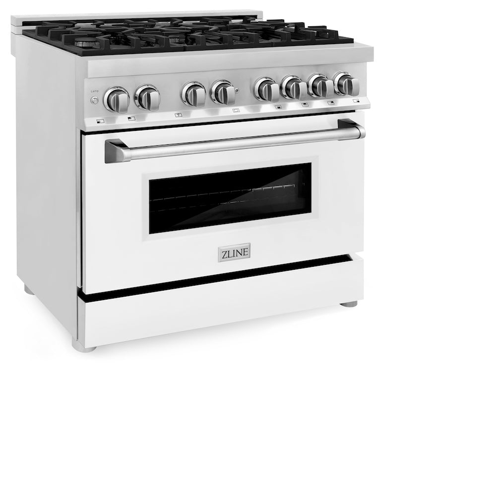 ZLINE 36 in. Dual Fuel Range with Gas Stove and Electric Oven in Stainless Steel with White Matte Door (RA-WM-36) side, oven closed.