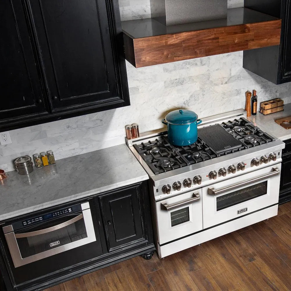 ZLINE 48 in. 6.0 cu. ft. Legacy Dual Fuel Range with 7 Burner Gas Cooktop and 2 Electric Ovens in Stainless Steel and White Matte Doors (RA-WM-48) in a luxury kitchen.