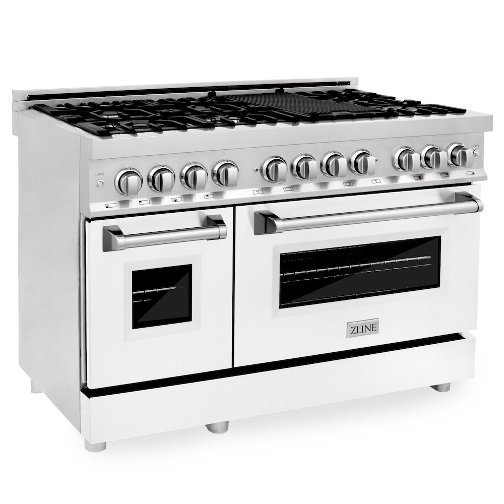 ZLINE 48 in. 6.0 cu. ft. Legacy Dual Fuel Range with 7 Burner Gas Cooktop and 2 Electric Ovens in Stainless Steel and White Matte Doors (RA-WM-48) main image.