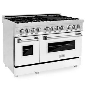 ZLINE 48 in. 6.0 cu. ft. Legacy Dual Fuel Range with 7 Burner Gas Cooktop and 2 Electric Ovens in Stainless Steel and White Matte Doors (RA-WM-48) main image.