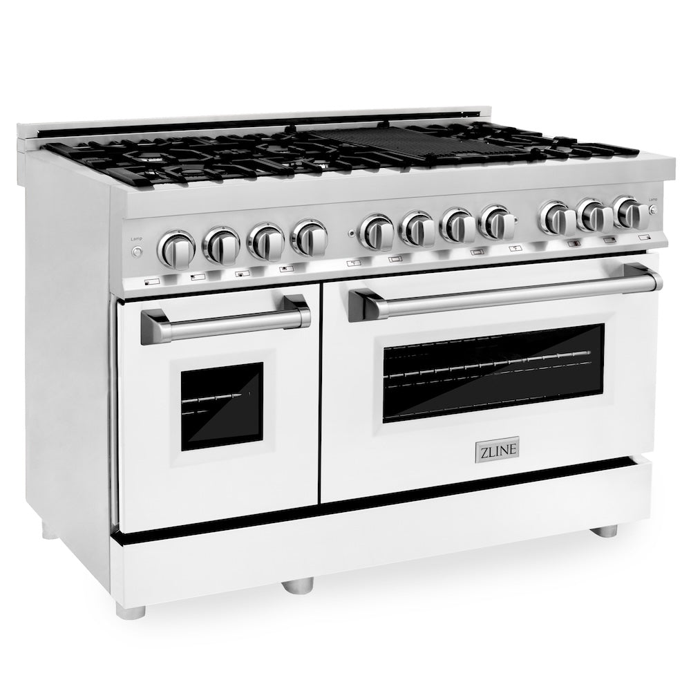 ZLINE 48 in. Kitchen Package with Stainless Steel Dual Fuel Range with White Matte Door and Convertible Vent Range Hood (2KP-RAWMRH48)