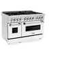 ZLINE 48 in. 6.0 cu. ft. Legacy Dual Fuel Range with 7 Burner Gas Cooktop and 2 Electric Ovens in Stainless Steel and White Matte Doors (RA-WM-48) side, oven closed.