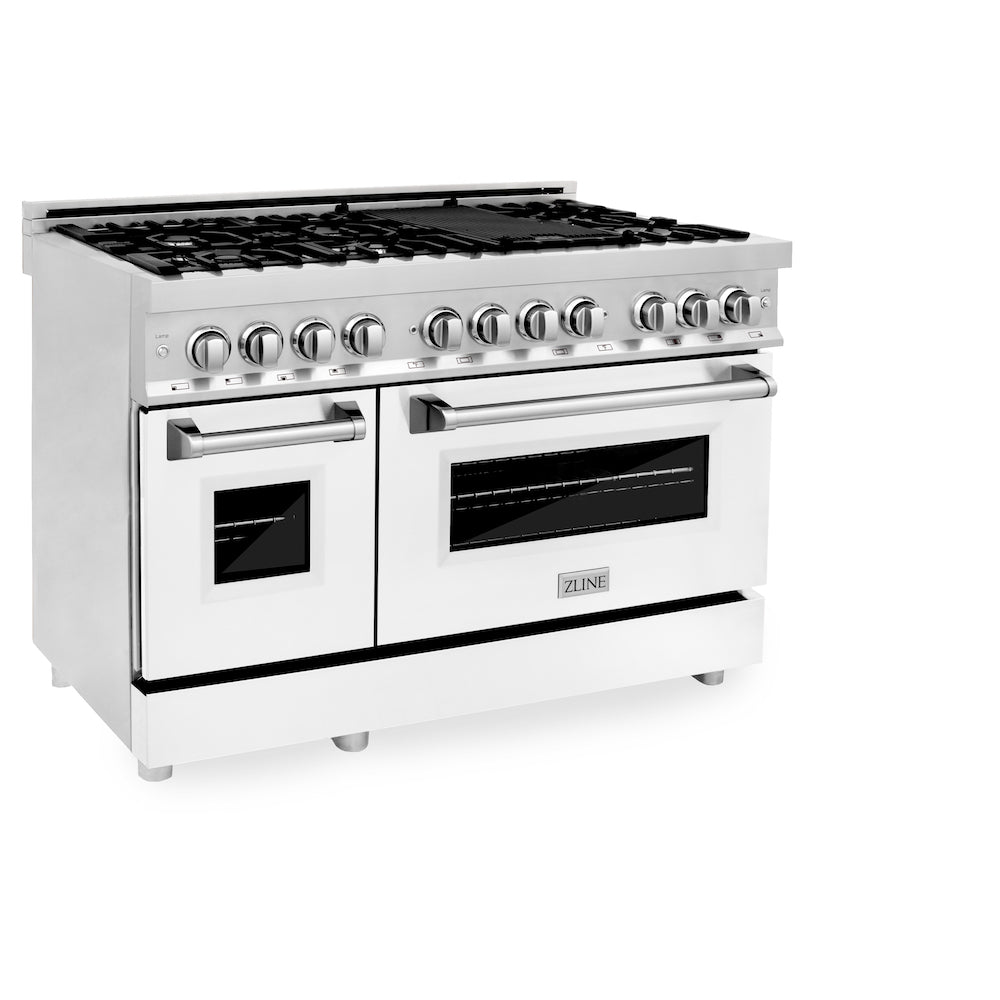 ZLINE 48 in. 6.0 cu. ft. Legacy Dual Fuel Range with 7 Burner Gas Cooktop and 2 Electric Ovens in Stainless Steel and White Matte Doors (RA-WM-48) side, oven closed.