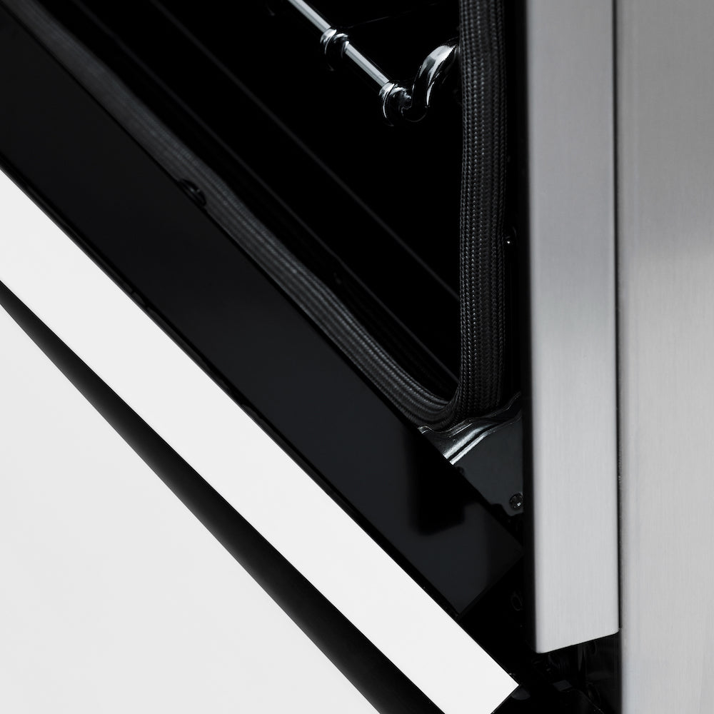 ZLINE 60 in. 7.4 cu. ft. Legacy Dual Fuel Range with 9 Burner Gas Cooktop and 2 Electric Convection Ovens in Stainless Steel and White Matte Doors (RA-WM-60) detail StayPut oven door hinges.