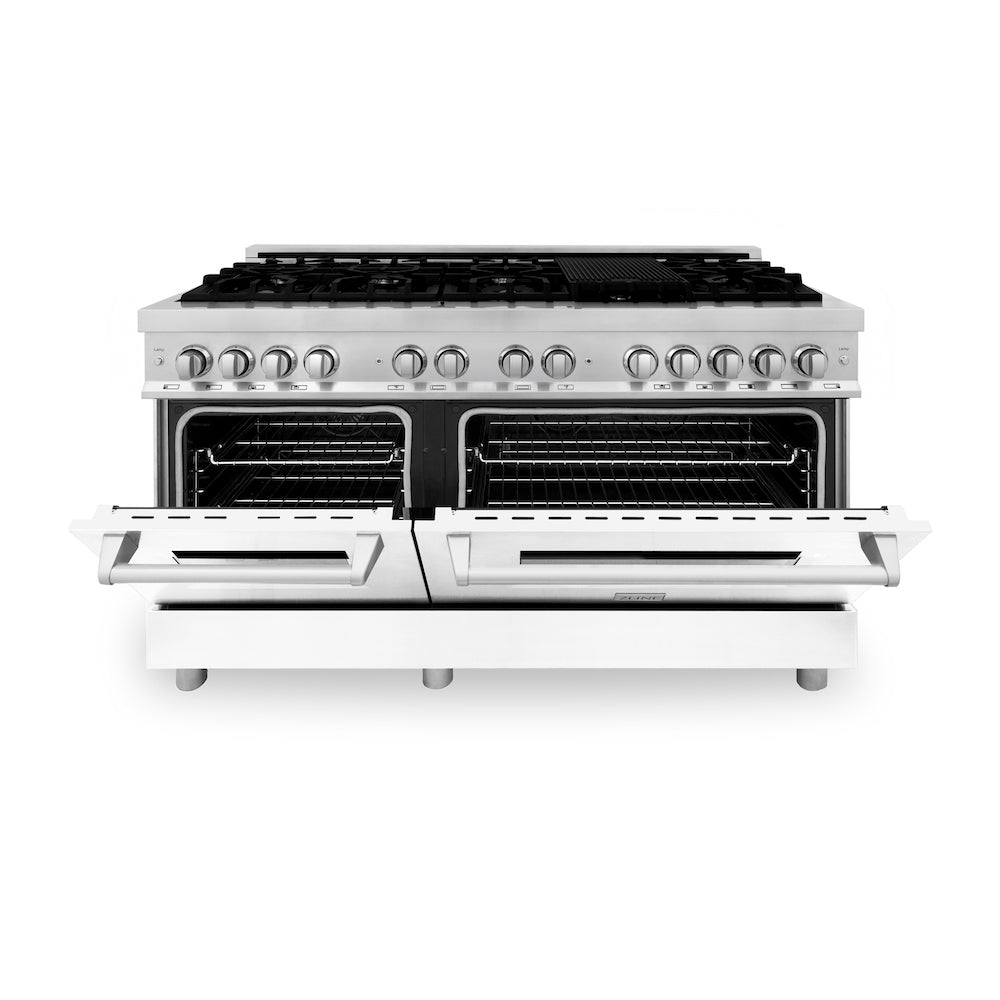 ZLINE 60 in. 7.4 cu. ft. Dual Fuel Range with Gas Stove and Electric Oven in Stainless Steel with White Matte Doors (RA-WM-60) front, oven half open.