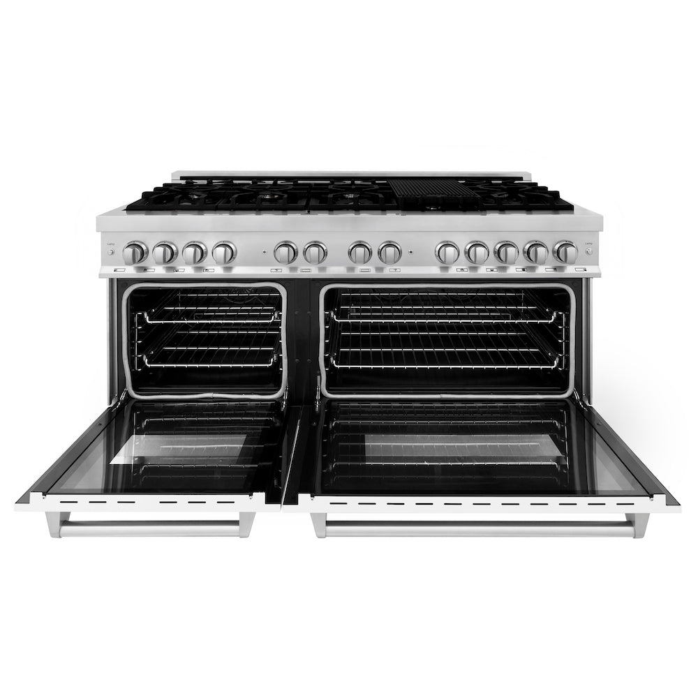 ZLINE 60 in. 7.4 cu. ft. Dual Fuel Range with Gas Stove and Electric Oven in Stainless Steel with White Matte Doors (RA-WM-60) front, oven open.
