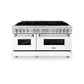 ZLINE 60 in. 7.4 cu. ft. Legacy Dual Fuel Range with 9 Burner Gas Cooktop and 2 Electric Convection Ovens in Stainless Steel and White Matte Doors (RA-WM-60) front, oven closed.