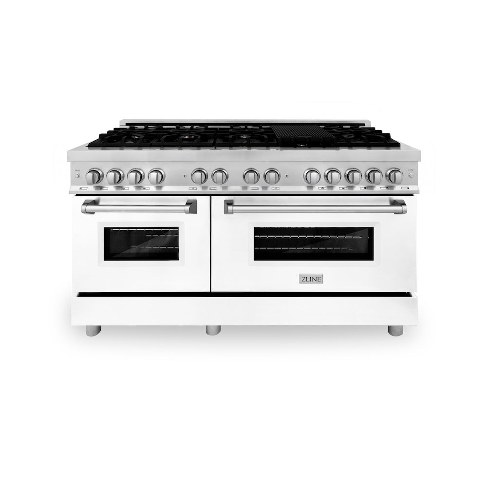 ZLINE 60 in. 7.4 cu. ft. Legacy Dual Fuel Range with 9 Burner Gas Cooktop and 2 Electric Convection Ovens in Stainless Steel and White Matte Doors (RA-WM-60) front, oven closed.