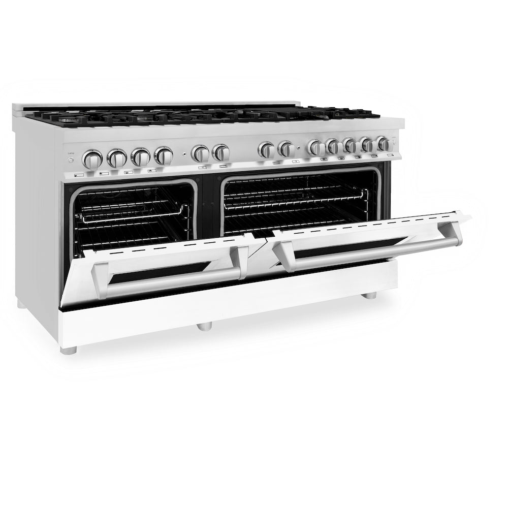 ZLINE 60 in. 7.4 cu. ft. Dual Fuel Range with Gas Stove and Electric Oven in Stainless Steel with White Matte Doors (RA-WM-60) side, oven half open.